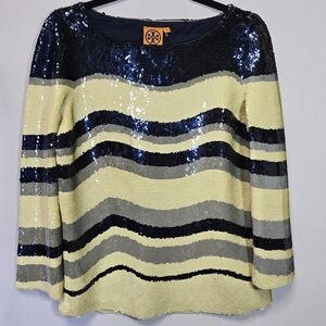 Tory Burch Navy Cream Sequin 3/4 Sleeve Blouse Formal Special Event Top, Sz M